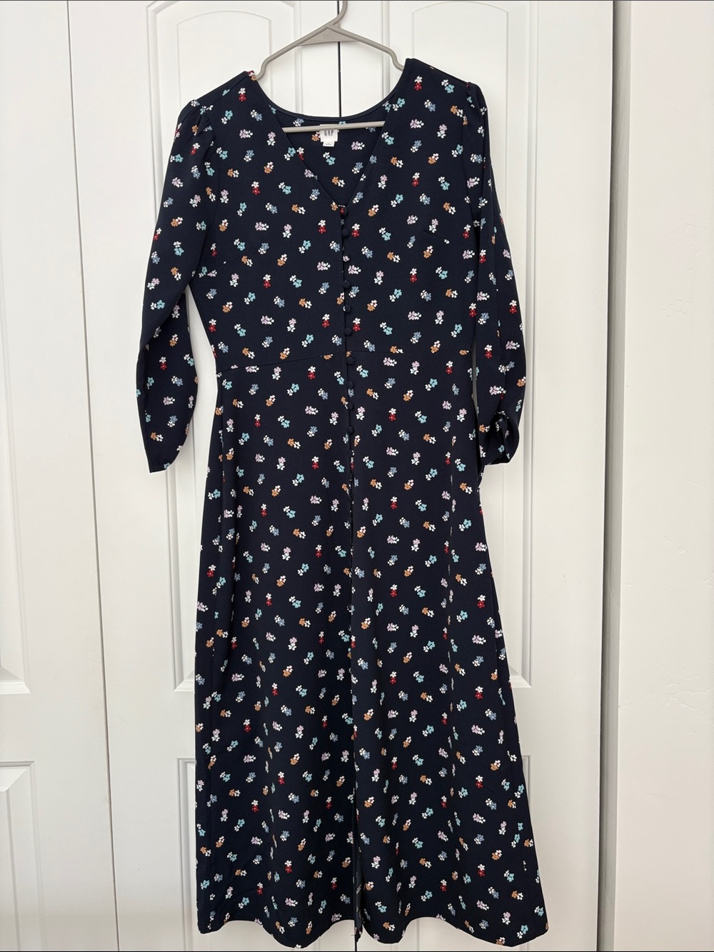 GAP Navy Floral Long-Sleeve Midi Dress